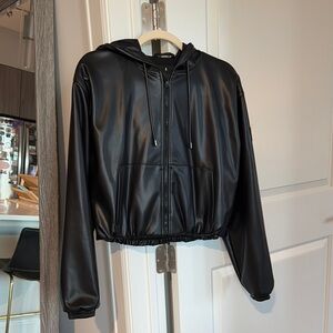 Black Faux Leather Hooded Jacket